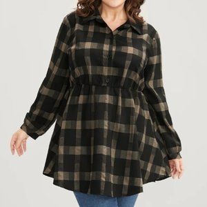 NWT BloomChic Plaid Shirt Collar Button Up Arc Hem Blouse Without Belt